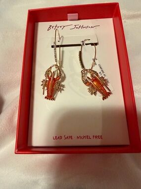 Betsey Johnson Gold-tone Hoop Earrings with Orange Lobster/Crawfish Charms